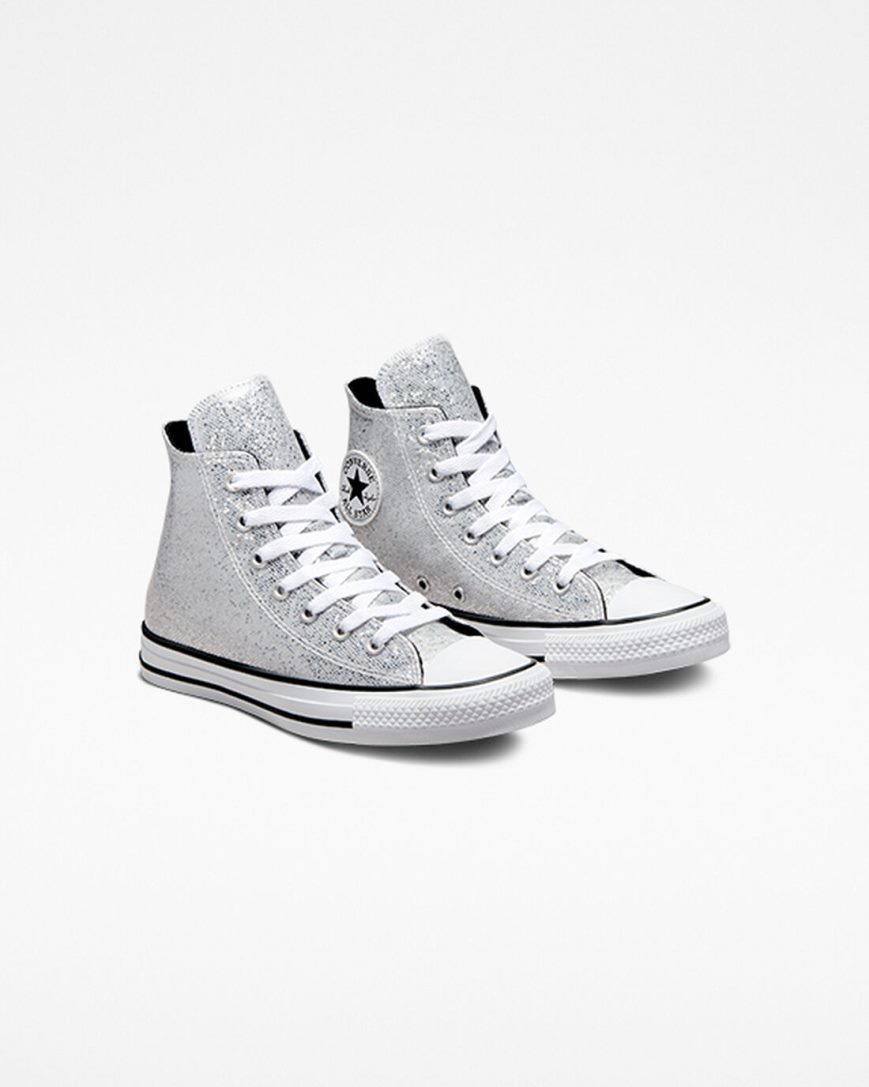 Dívčí Boty Vysoké Converse Chuck Taylor All Star Glitter Stříbrné Šedé Černé | CZ IZYD30